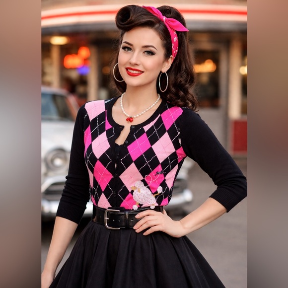 Just B Sweaters - SALE Vintage Poodle Cardigan Sweater Pink Black Y2K Argyle Medi Retro Rockabilly